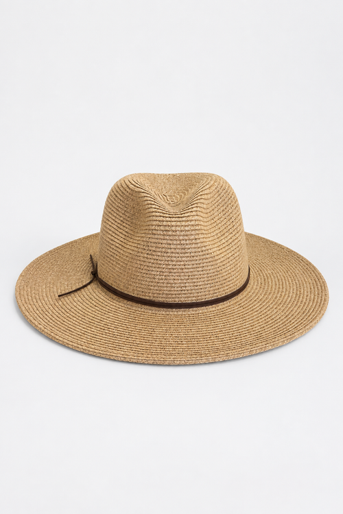 A natural straw fedora hat with a dark brown band, photographed from the side against a plain white background.