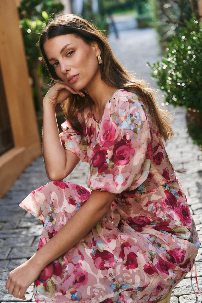 Flo Rose Exquisite Painted Rose Puff Sleeve Midi | Flo & Frankie