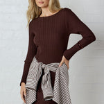 Cinder Chocolate Boat Neck Rib Knit Long Sleeve Knit Maxi Dress