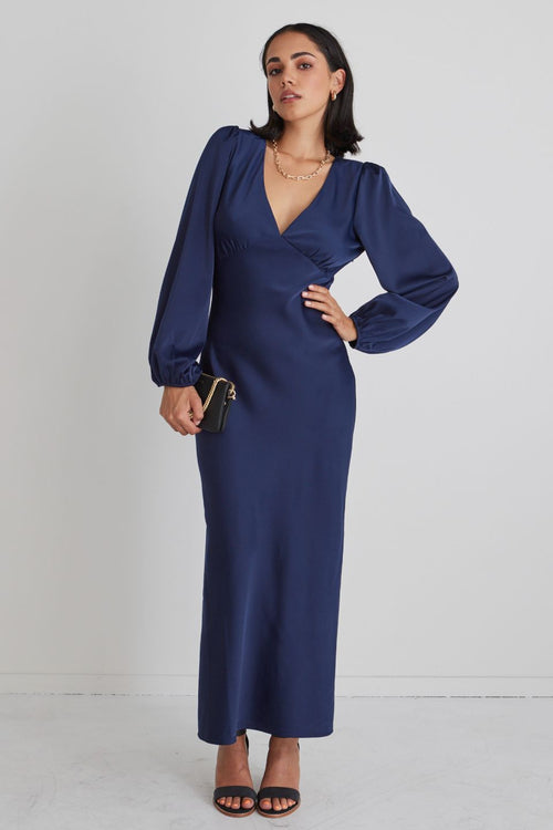 Phoenix Navy Satin Balloon Sleeve Bias Midi Dress WW Dress Among the Brave   