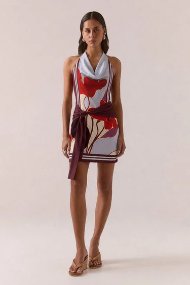 Kalea Blue Bloom Cowl Mesh Halter Waist Tie Mini Dress