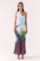 Zinnia Azure Plum Print Asymmetric Halter Maxi Dress