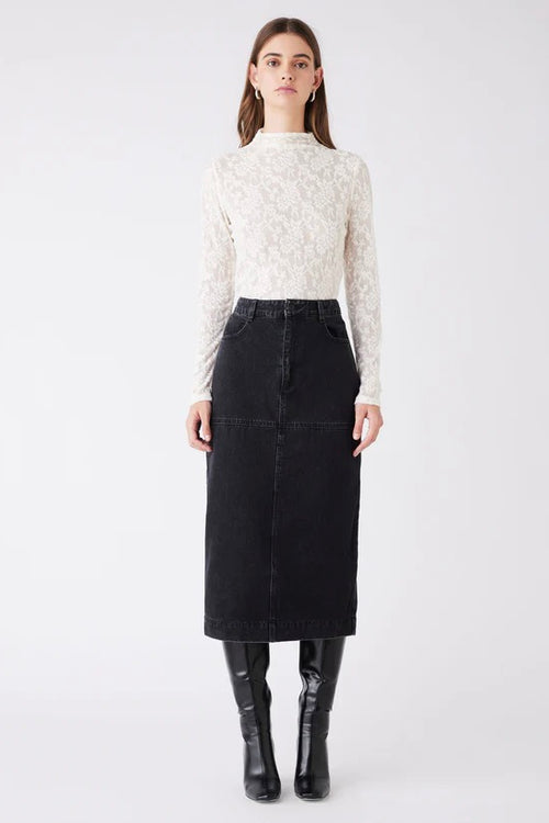 Model wears a cream lace long sleeve high neck top