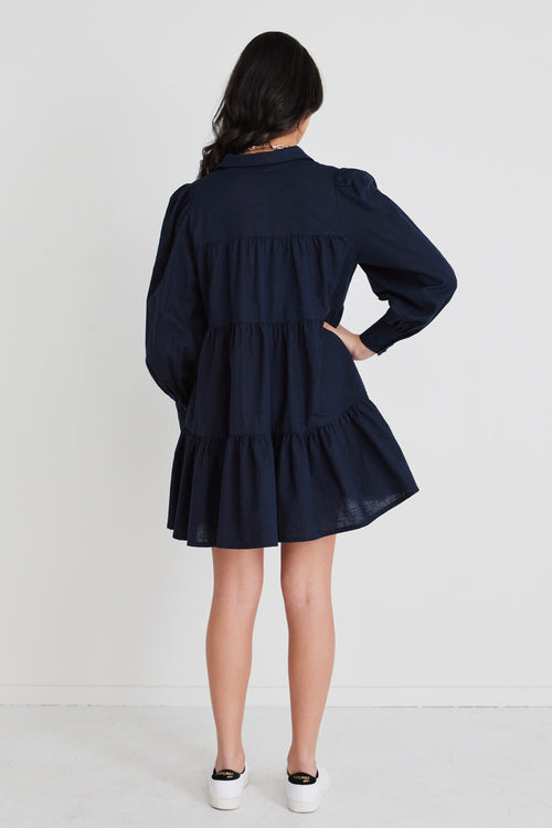 Valley Navy Linen Blend Shirt Style Tiered Mini Dress WW Dress Ivy + Jack   