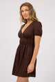Fern Brown V Neck Linen SS Mini Dress