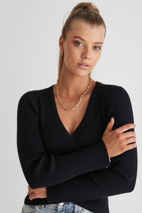 Feel Good Black Ls Wrap Rib Knit Top WW Top Among the Brave   