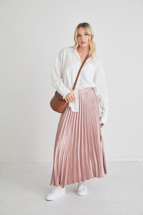 Luminescent Blush Satin Pleated Midi Skirt WW Skirt By Rosa.   