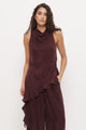 Eadie Chestnut Cowl Neck Asym Hem Ruffle Sleeveless Top