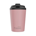 Pink stainless steel tumbler with black lid on a white background, branded 'made by Fressko'.