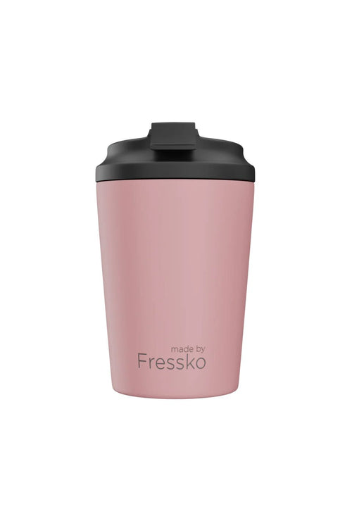 Pink stainless steel tumbler with black lid on a white background, branded 'made by Fressko'.