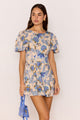 Zina Blue Beige Floral Puff Sleeve Mini Dress