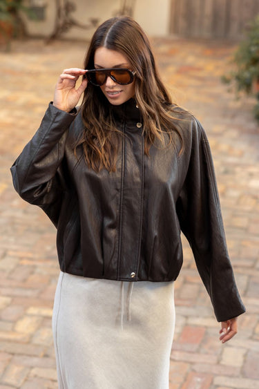 Ensemble Chocolate Faux Leather Funnel Neck Zip Through Bomber Jacket