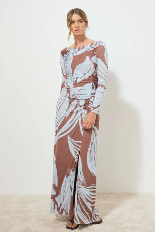 model wearing a blue and brown floral dress