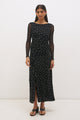 Vesper Black Polka Dot Front Gather Mesh LS Dress