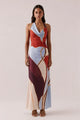 Kalea Blue Bloom Cowl Mesh Halter Maxi Dress