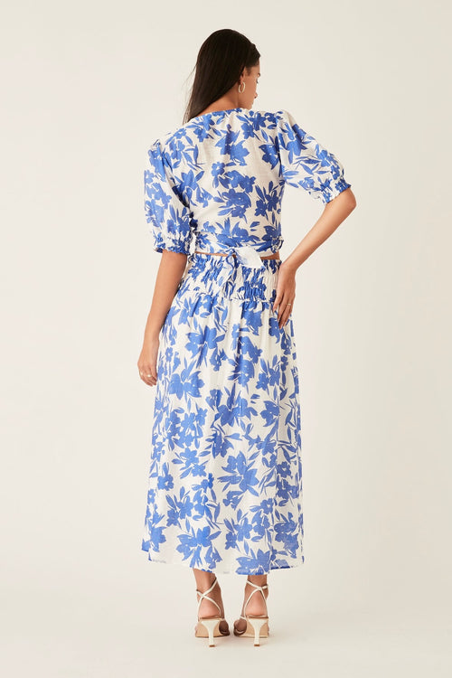 Santorini Blue Floral Midi Skirt WW Skirt Esmaee   