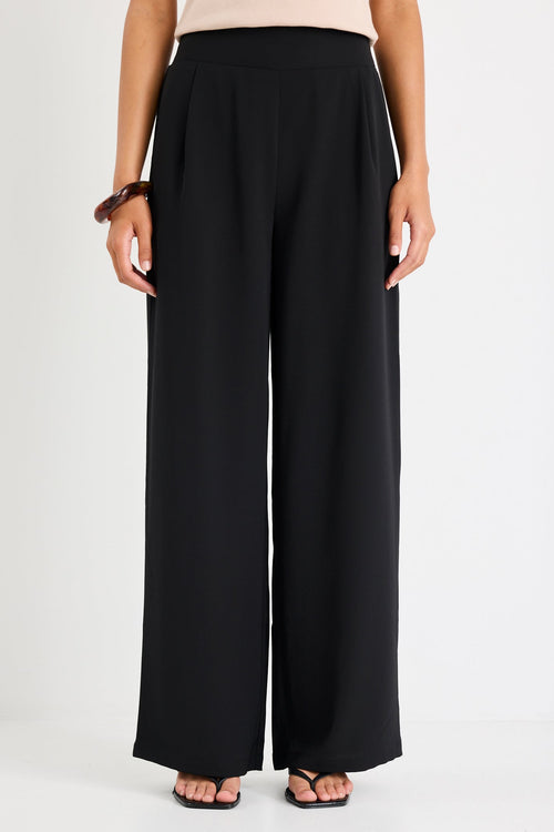 Person wearing black wide-leg pants on a white background