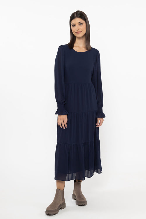 Mia Navy Chiffon Tiered Ls Maxi Dress WW Dress Seeking Lola   