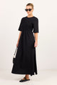 Ripple Black Shirred Bodice Short Sleeve Knit Midi Dress