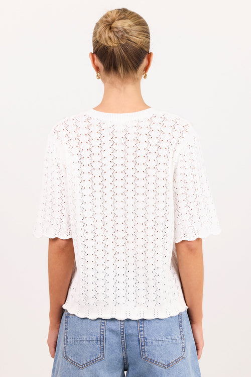 A woman viewed from behind wearing a white short-sleeve knit top with a textured openwork pattern and scalloped hem, paired with light blue denim shorts, against a plain white background.