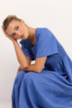 Wren Cornflower Blue Linen SS Shirred Bodice Midi Dress