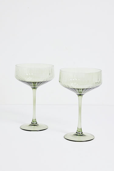 set of 2 olive green ribbed cocktail glasses