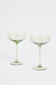Olive  Green Etched Leaf Set 2 Coupe Cocktail Glasses