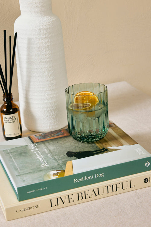 Decorative setup with a vase, diffuser, glass with lemon, and books on a surface.