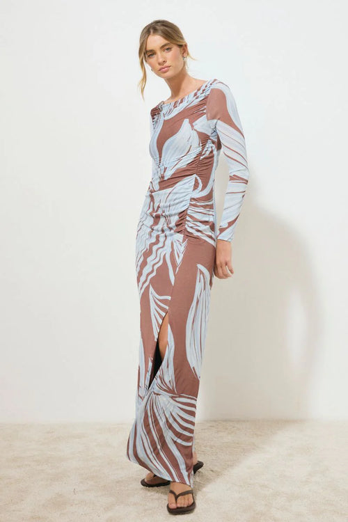 model wearing a blue and brown floral dress