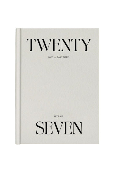 A slim daily diary with a textured off-white cover, featuring the title 'TWENTY 2027 - DAILY DIARY' and the brand 'LETTUCE' in black serif typography.