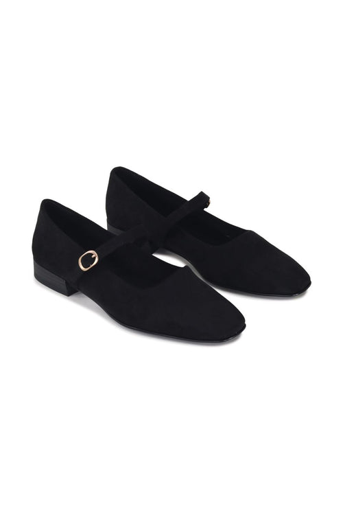 Black shoes with a gold buckle on a white background