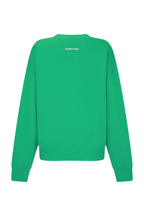 green and white sweater with text on front
