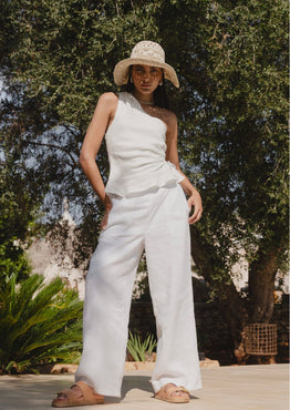 Guardian White Linen Viscose Pleat Front Wide Leg Pant