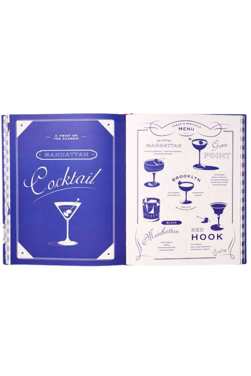 An open vintage-style cocktail book or recipe booklet on a white background, showing a blue cover page titled 'Habanico Cocktail' and an illustrated interior page with cocktail glass illustrations and text.