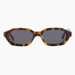 model wears a brown tort sunglass