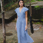 Flawless Navy Gingham Cotton Fluted Sleeve Button Front Midi Dress