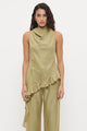 Eadie Olive Cowl Neck Asym Hem Ruffle Sleeveless Top