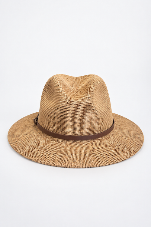 A woven straw fedora hat in a light tan color with a dark brown band, photographed from the side against a plain white background.