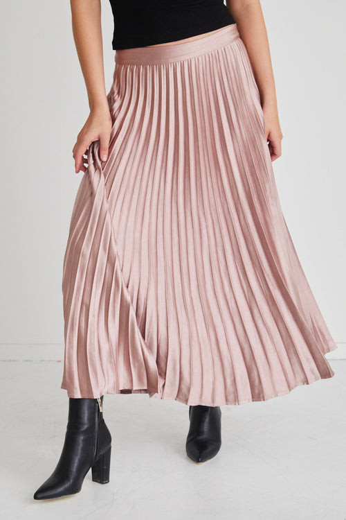 Luminescent Blush Satin Pleated Midi Skirt WW Skirt By Rosa.   
