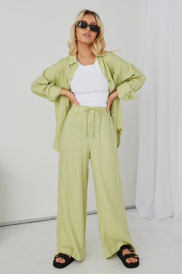 Resort Pistachio Linen Elastic Waist Wide Leg Drawstring Pant WW Pants RE:Union   