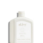 White lotion bottle with 'al.ive' branding on a white background