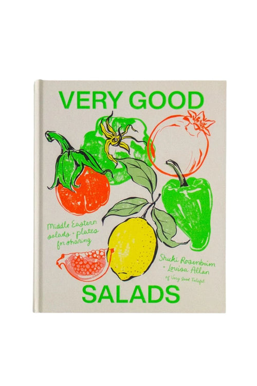 The front cover of the book 'Very Good Salads' by Shuki Rosebaum and Lauren Fittan, featuring a beige background with colorful hand-drawn illustrations of vegetables and green title text.