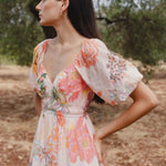 Posy Peach Floral Sweetheart Puff Sleeve Midi Dress