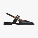 black shoe with gold buckle 