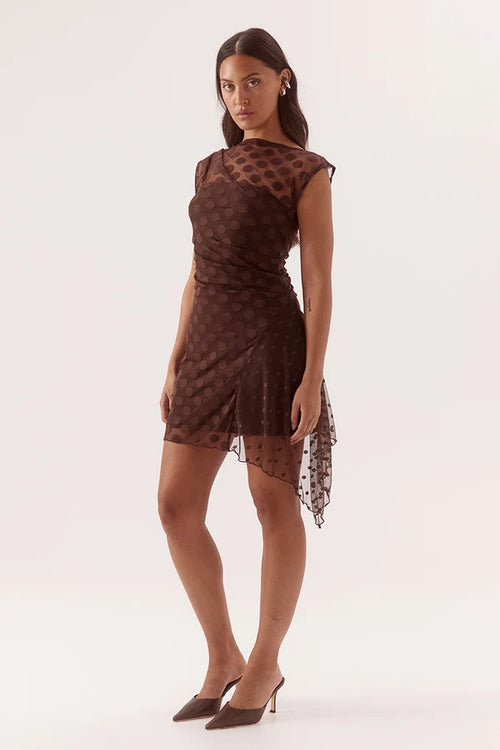 A woman models a sleeveless brown sheer mesh dress with a polka dot pattern and an asymmetrical hem, paired with brown pointed-toe heels, against a plain light background.