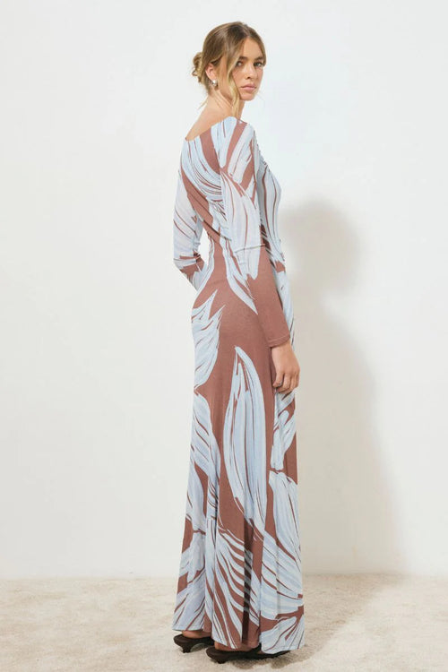 model wearing a blue and brown floral dress