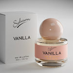 A round glass bottle of Sohum Vanilla eau de parfum with a glossy blush-toned spherical cap and a warm beige-pink label, featuring bold black and soft golden text for a cosy, elegant appearance.