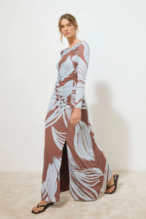 model wearing a blue and brown floral dress