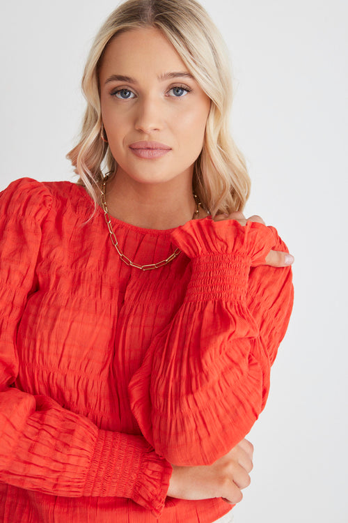 Grace Blood Orange Shirred Cotton Tie Back Ls Top WW Top Ivy + Jack   