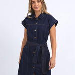 Heidi Dark Blue Denim Front Button SS Mini Dress